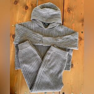 Express Cozy Brown Knit Hoodie and Pants Set - Pants Small, Top XS